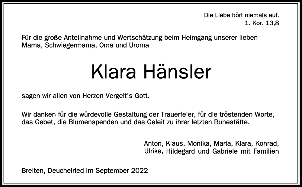  Traueranzeige für Klara Hänsler vom 01.10.2022 aus Schwäbische Zeitung