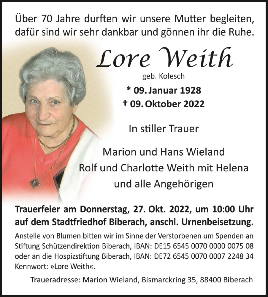  Traueranzeige für Lore Weith vom 20.10.2022 aus Schwäbische Zeitung