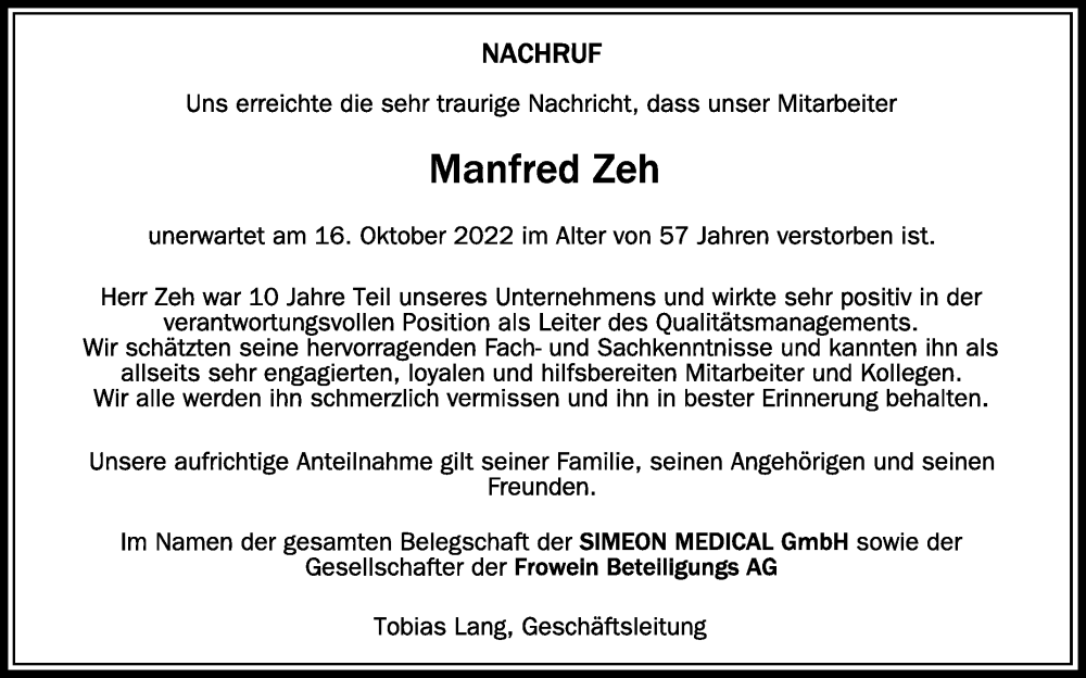  Traueranzeige für Manfred Zeh vom 20.10.2022 aus Schwäbische Zeitung