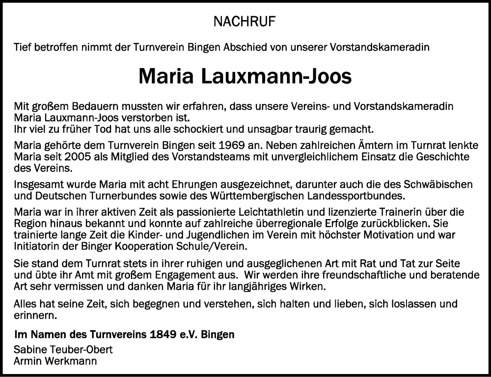  Traueranzeige für Maria Lauxmann-Joos vom 29.10.2022 aus Schwäbische Zeitung