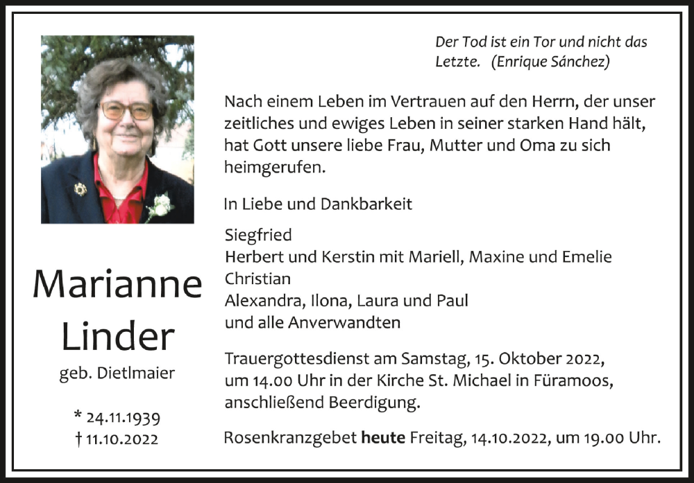  Traueranzeige für Marianne Linder vom 14.10.2022 aus Schwäbische Zeitung