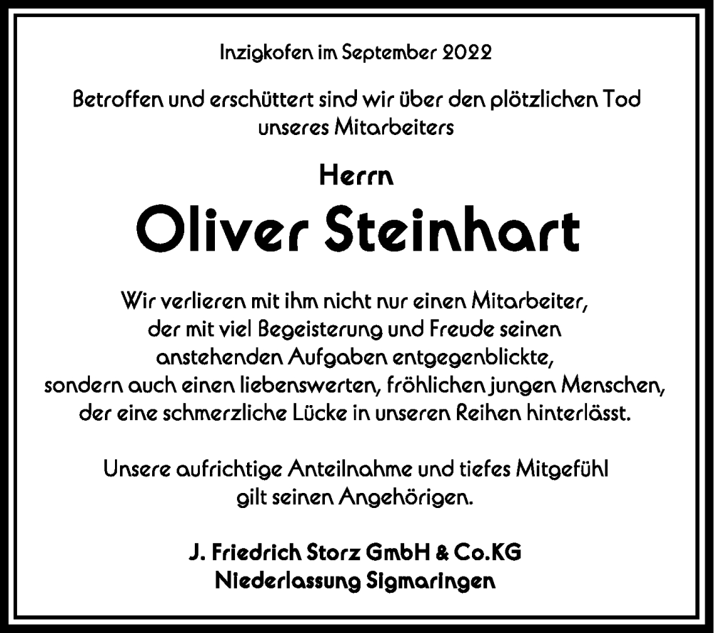  Traueranzeige für Oliver Steinhart vom 17.09.2022 aus Schwäbische Zeitung