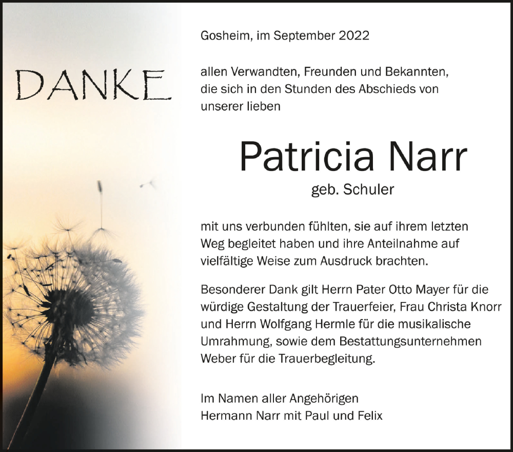  Traueranzeige für Patricia Narr vom 17.09.2022 aus Schwäbische Zeitung