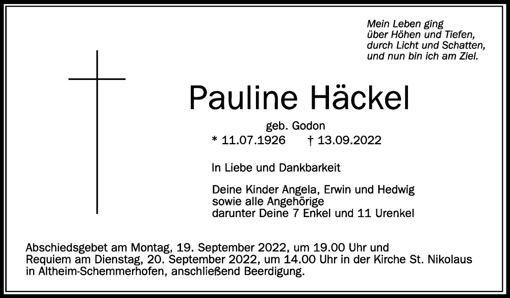  Traueranzeige für Pauline Häckel vom 17.09.2022 aus Schwäbische Zeitung