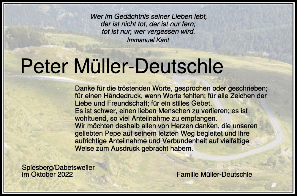  Traueranzeige für Peter Müller-Deutschle vom 29.10.2022 aus Schwäbische Zeitung