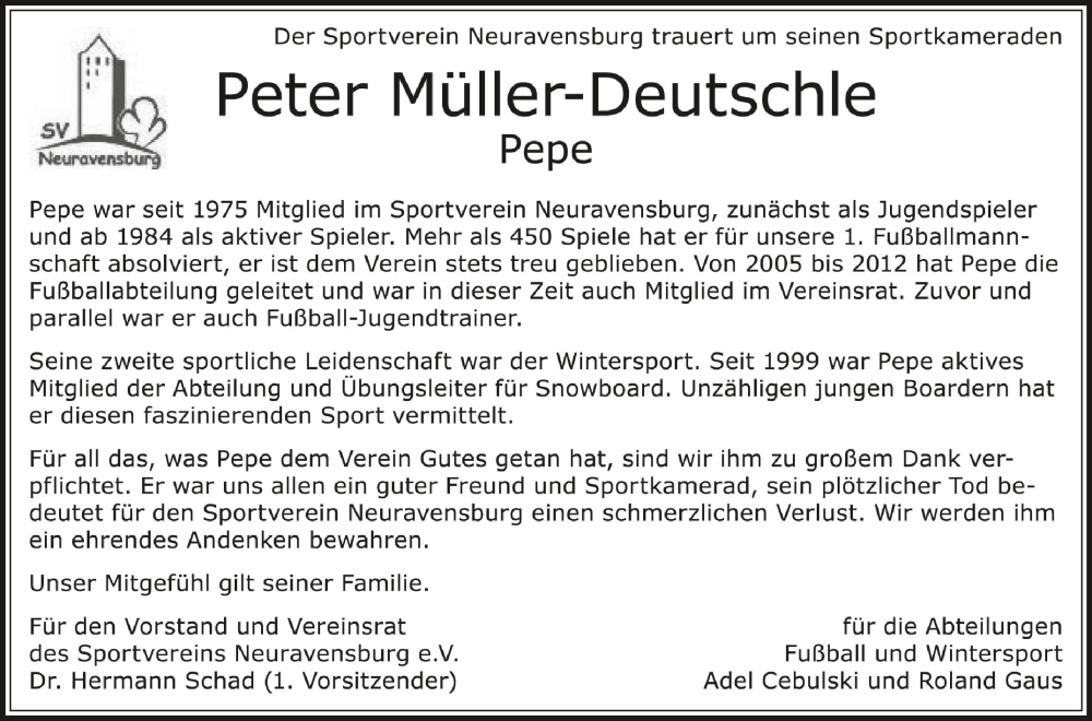  Traueranzeige für Peter Müller-Deutschle vom 20.10.2022 aus Schwäbische Zeitung