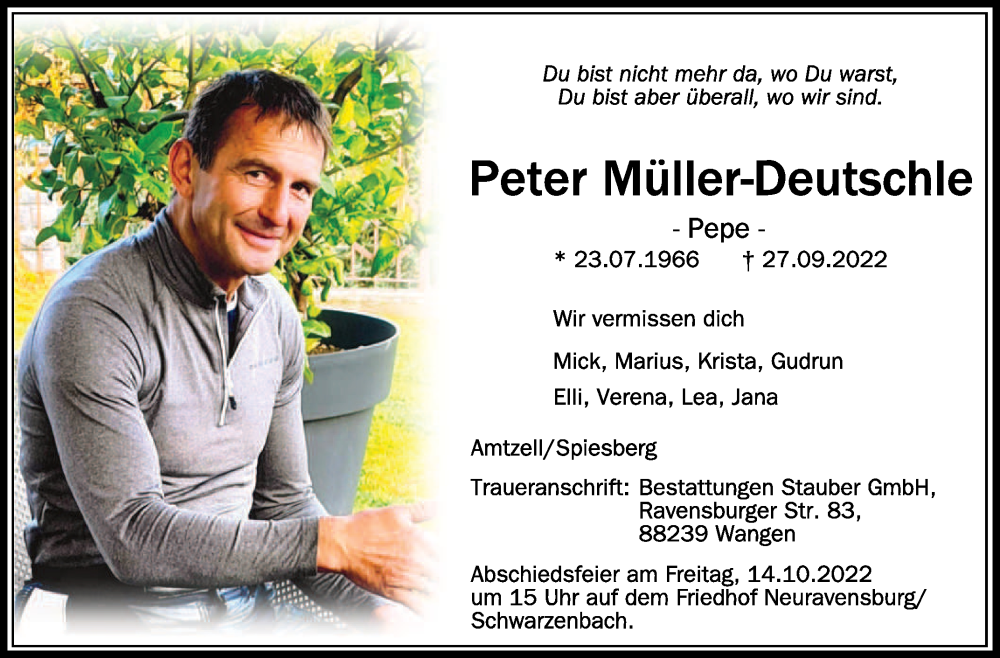  Traueranzeige für Peter Müller-Deutschle vom 11.10.2022 aus Schwäbische Zeitung