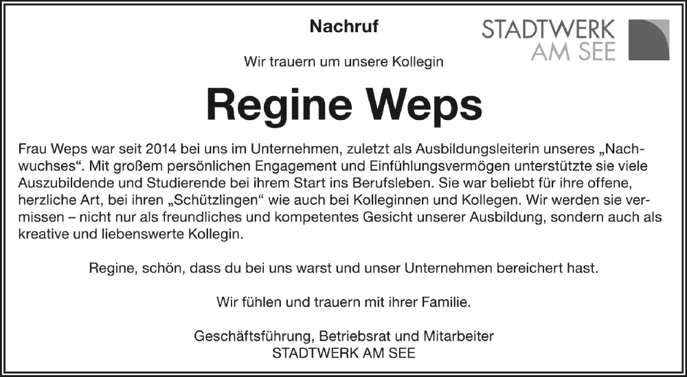  Traueranzeige für Regine Weps vom 01.10.2022 aus Schwäbische Zeitung