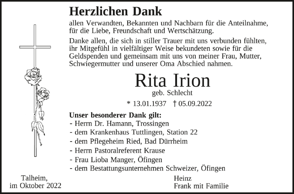  Traueranzeige für Rita Irion vom 01.10.2022 aus Schwäbische Zeitung