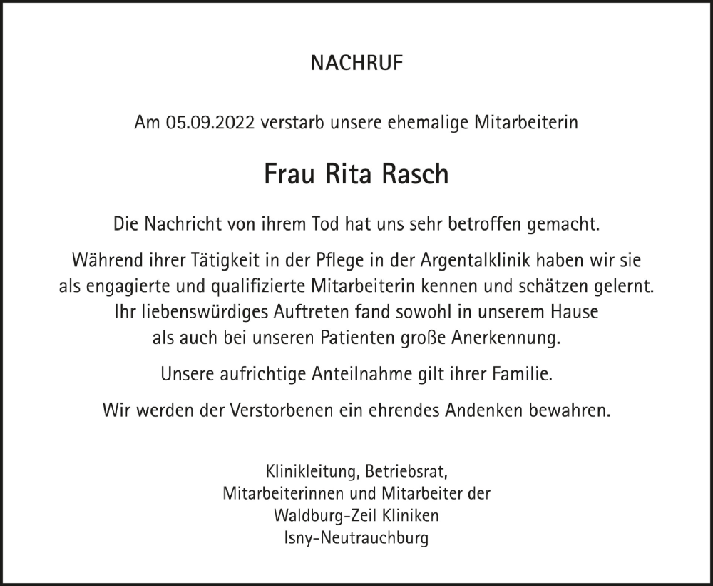  Traueranzeige für Rita Rasch vom 17.09.2022 aus Schwäbische Zeitung