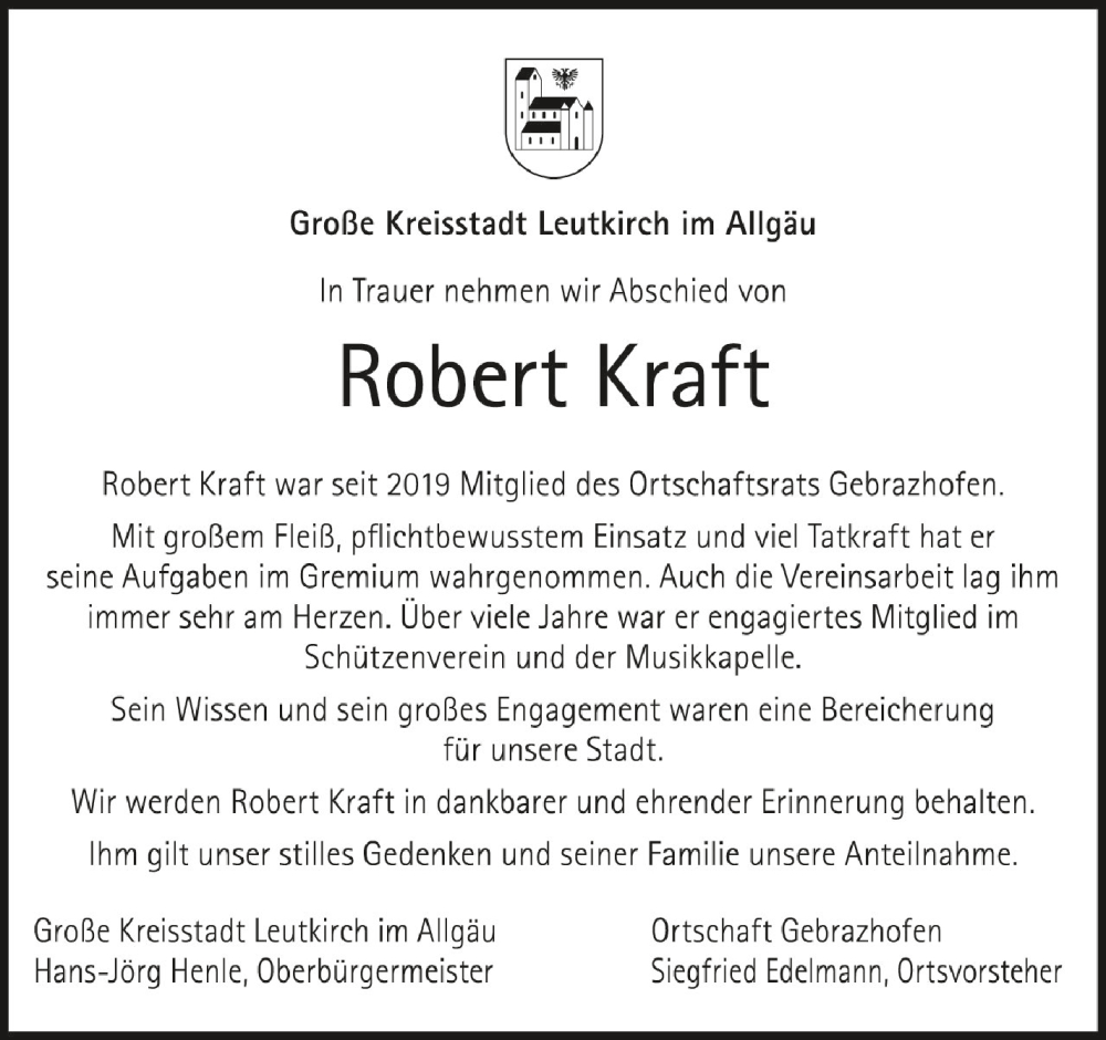 Traueranzeige für Robert Kraft vom 06.10.2022 aus Schwäbische Zeitung