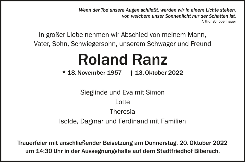  Traueranzeige für Roland Ranz vom 15.10.2022 aus Schwäbische Zeitung