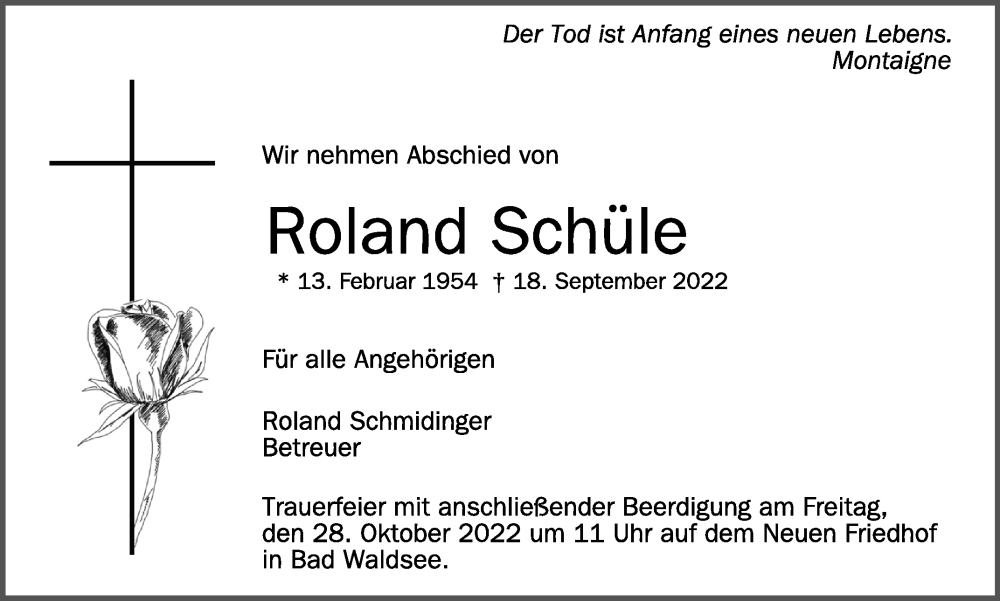  Traueranzeige für Roland Schüle vom 27.10.2022 aus Schwäbische Zeitung