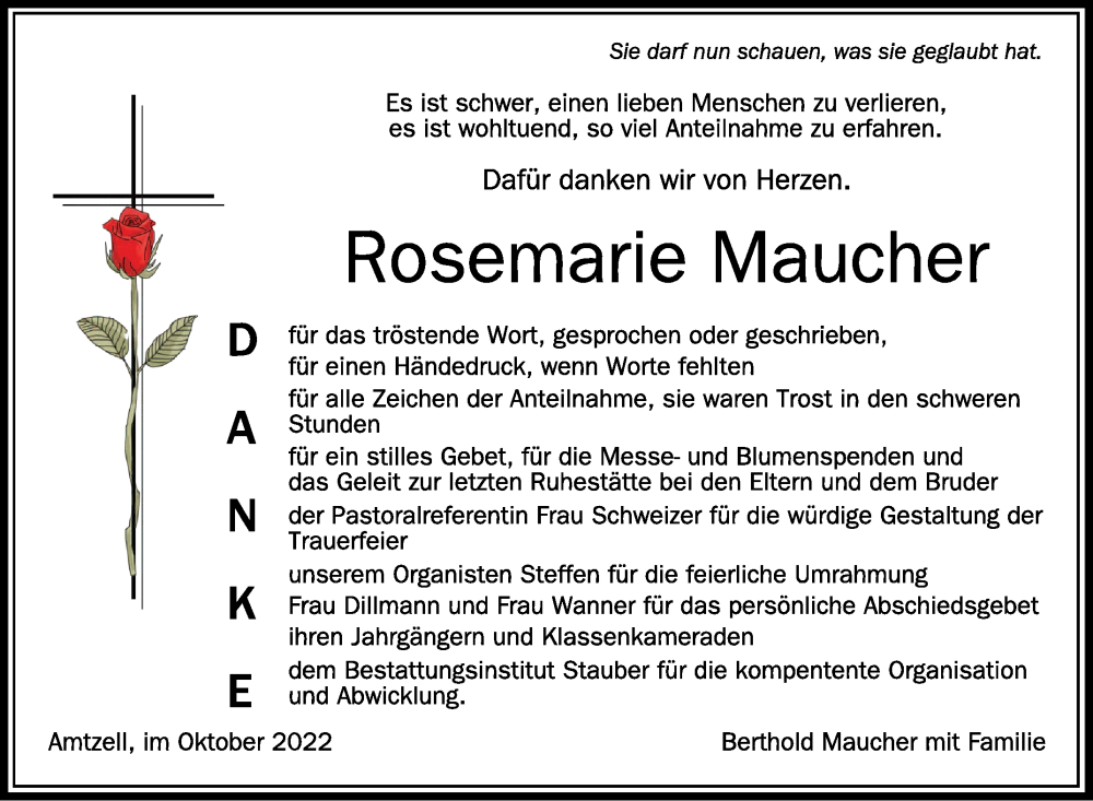  Traueranzeige für Rosemarie Maucher vom 15.10.2022 aus Schwäbische Zeitung