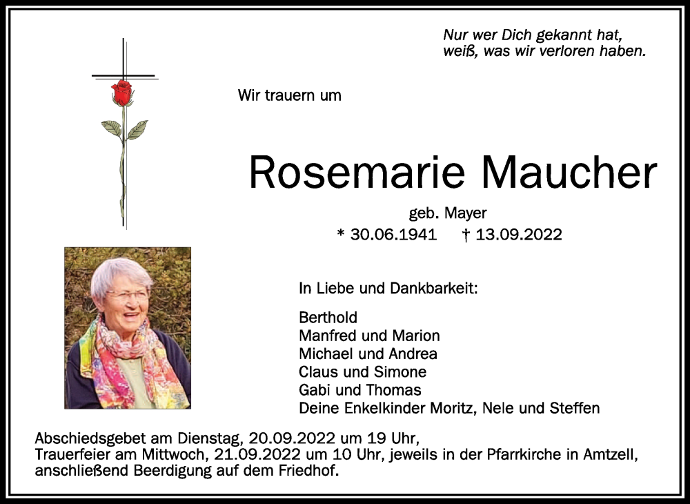  Traueranzeige für Rosemarie Maucher vom 17.09.2022 aus Schwäbische Zeitung