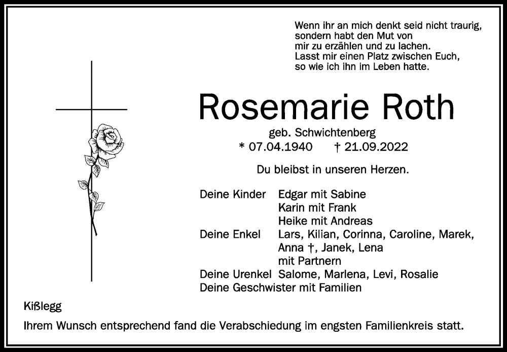  Traueranzeige für Rosemarie Roth vom 01.10.2022 aus Schwäbische Zeitung