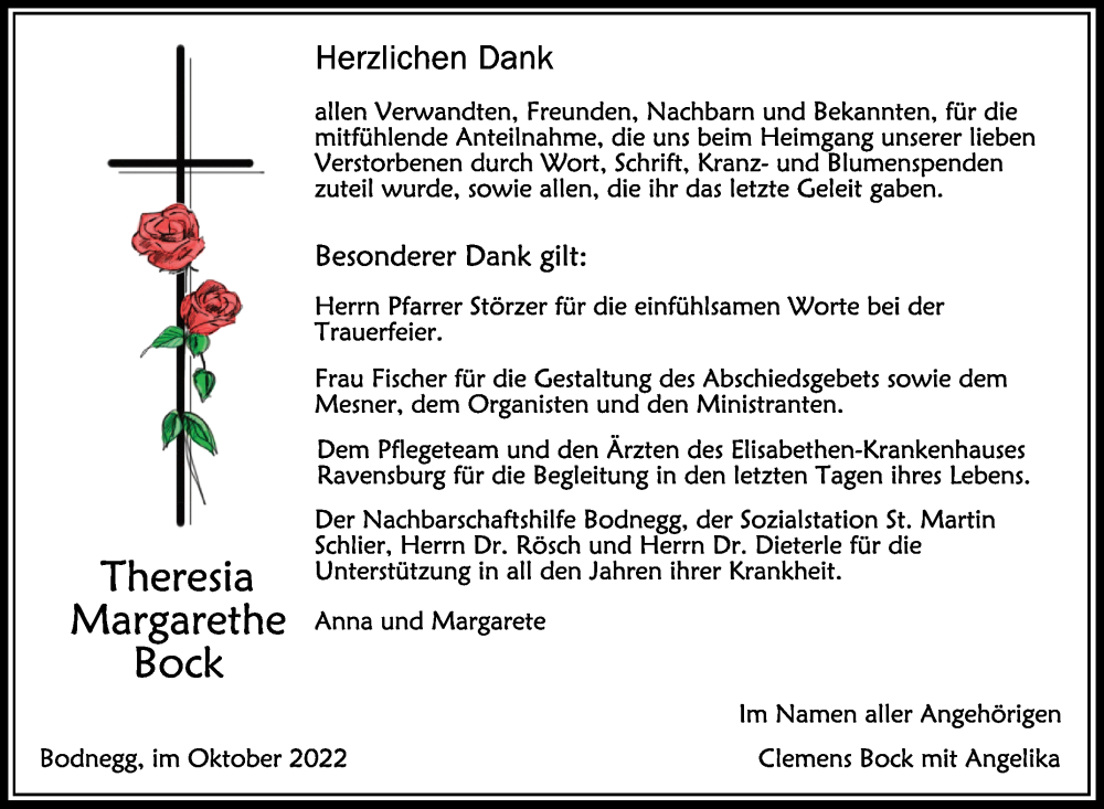  Traueranzeige für Theresia Margarethe Bock vom 15.10.2022 aus Schwäbische Zeitung