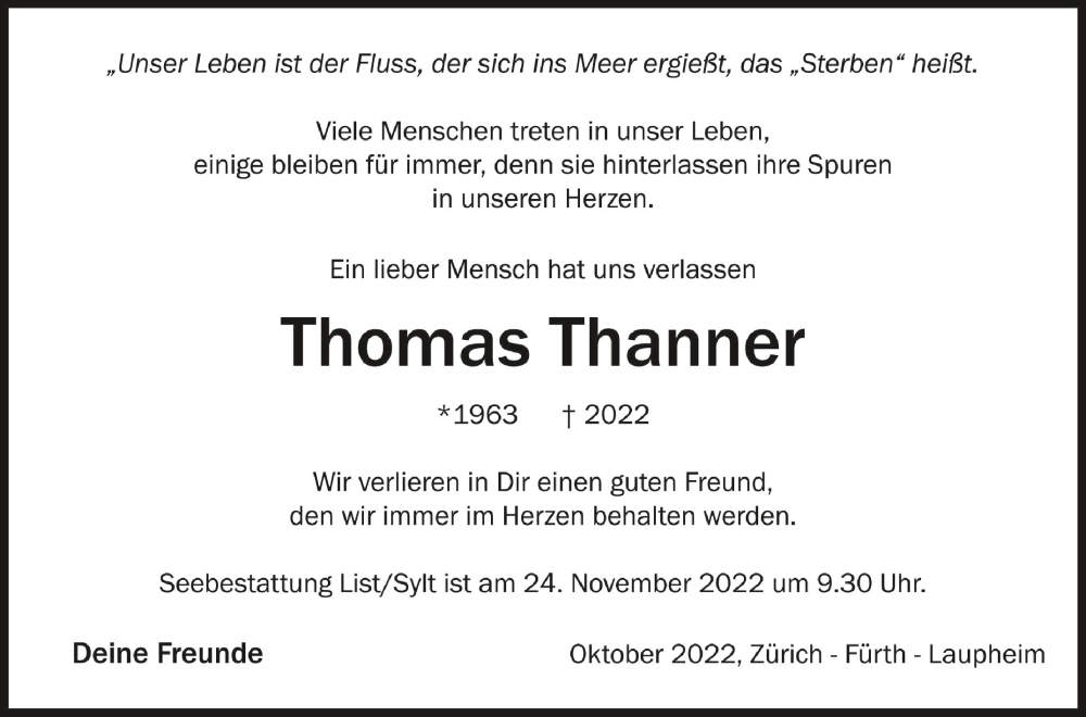  Traueranzeige für Thomas Thanner vom 29.10.2022 aus Schwäbische Zeitung