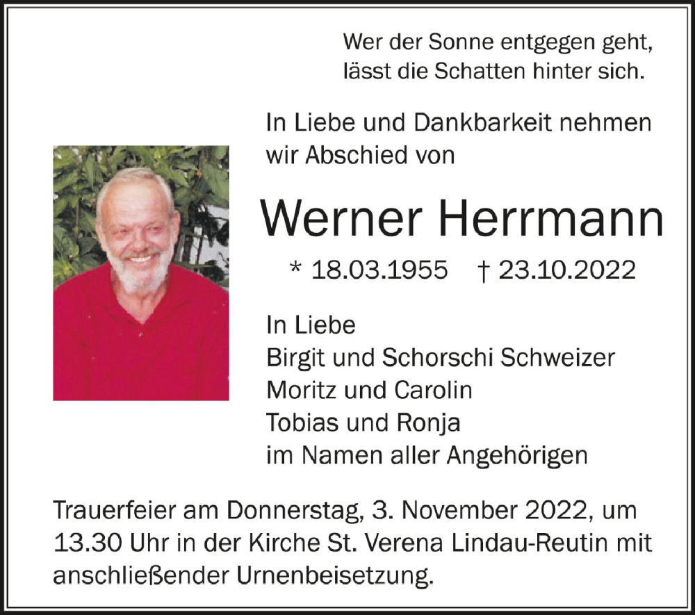  Traueranzeige für Werner Herrmann vom 29.10.2022 aus Schwäbische Zeitung