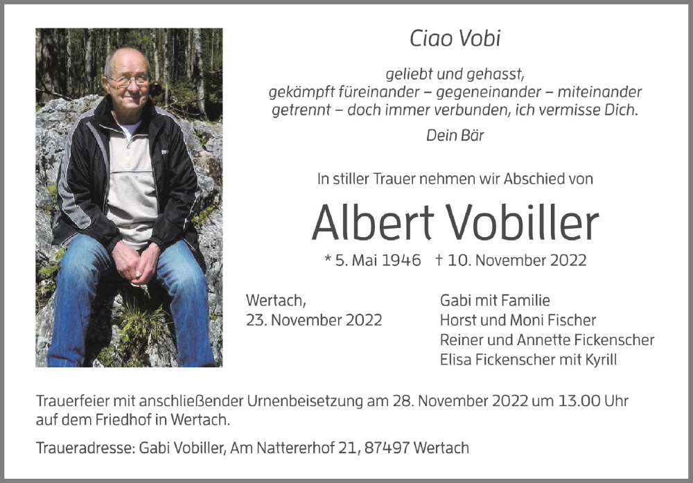  Traueranzeige für Albert Vobiller vom 23.11.2022 aus Schwäbische Zeitung