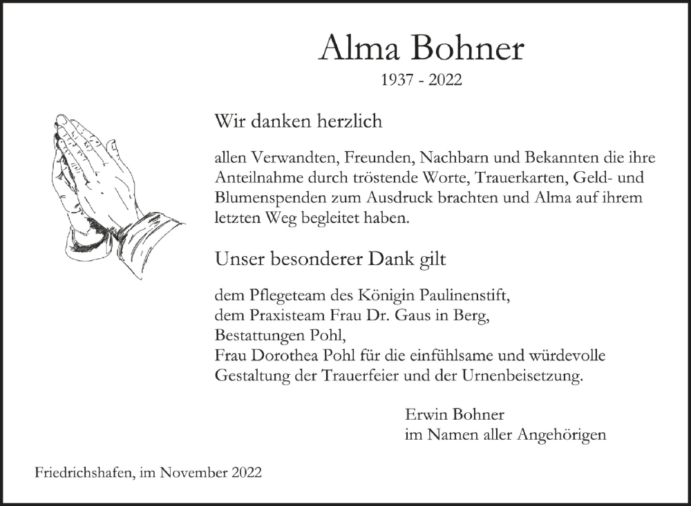  Traueranzeige für Alma Bohner vom 05.11.2022 aus Schwäbische Zeitung