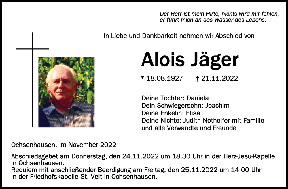  Traueranzeige für Alois Jäger vom 23.11.2022 aus Schwäbische Zeitung