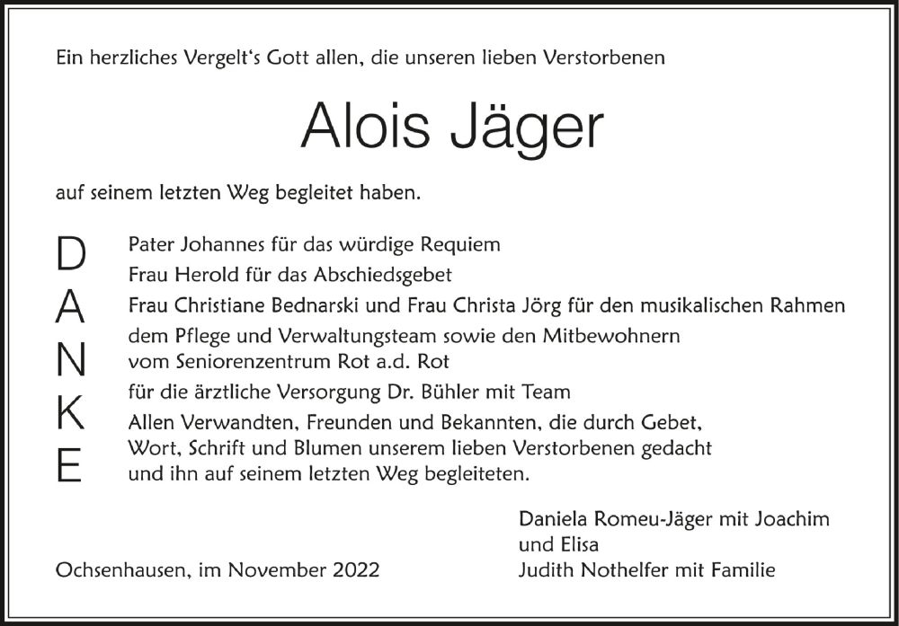  Traueranzeige für Alois Jäger vom 30.11.2022 aus Schwäbische Zeitung