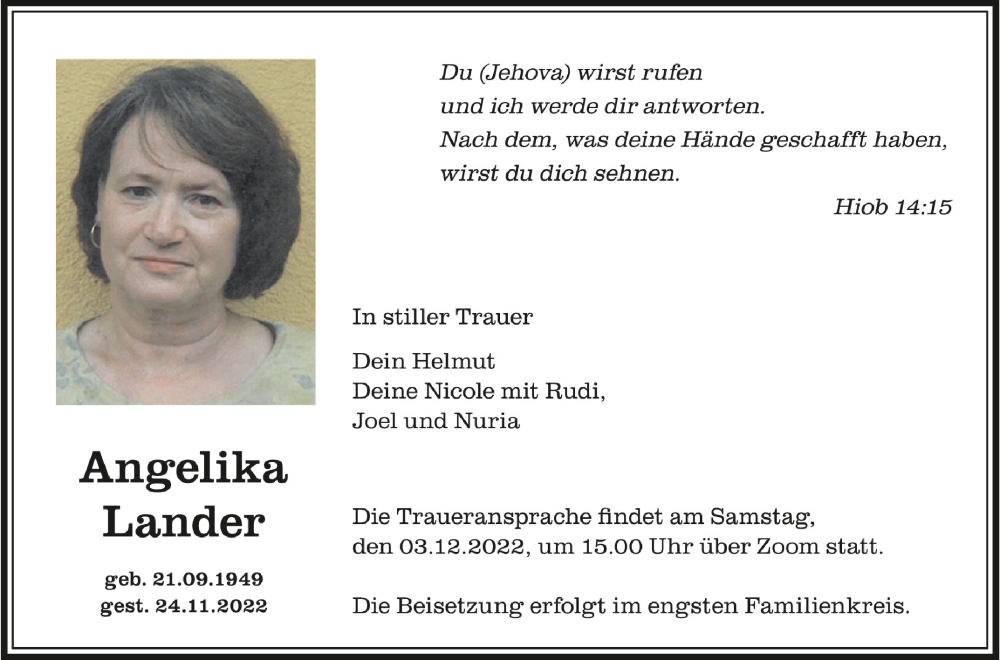  Traueranzeige für Angelika Lander vom 29.11.2022 aus Schwäbische Zeitung
