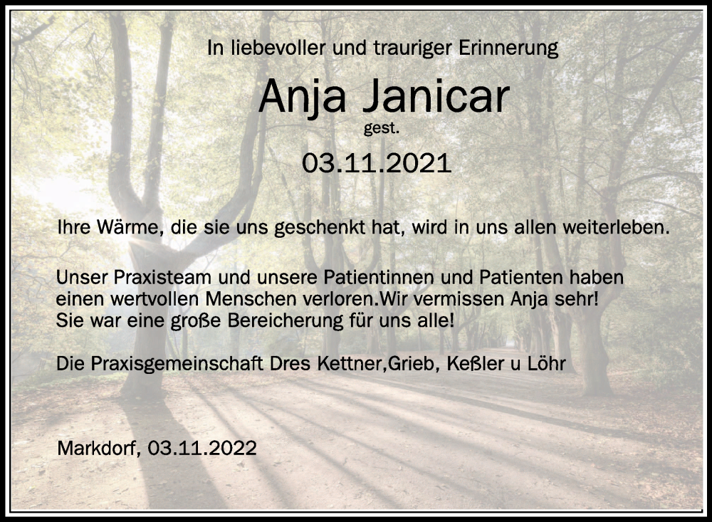  Traueranzeige für Anja Janicar vom 03.11.2022 aus Schwäbische Zeitung