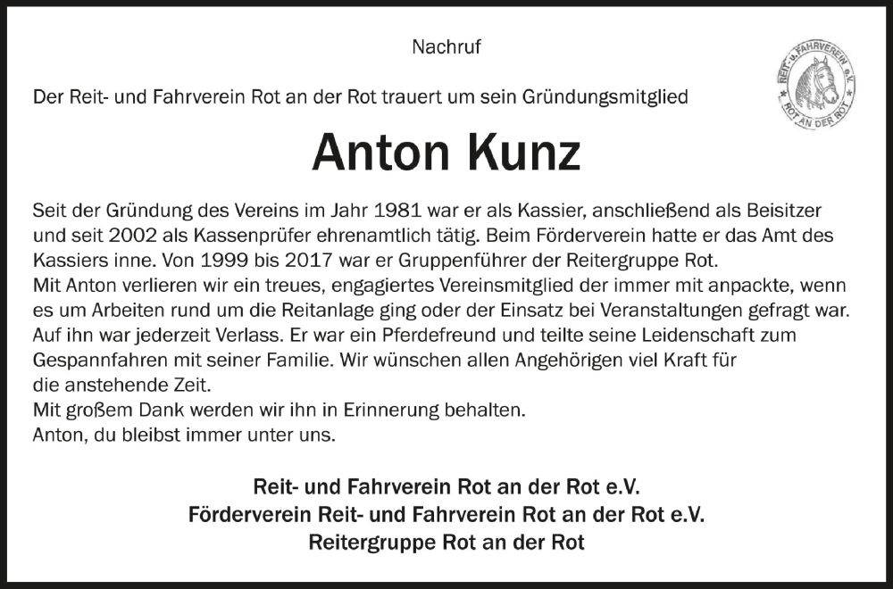  Traueranzeige für Anton Kunz vom 23.11.2022 aus Schwäbische Zeitung