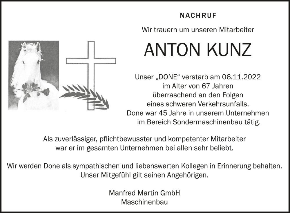  Traueranzeige für Anton Kunz vom 23.11.2022 aus Schwäbische Zeitung