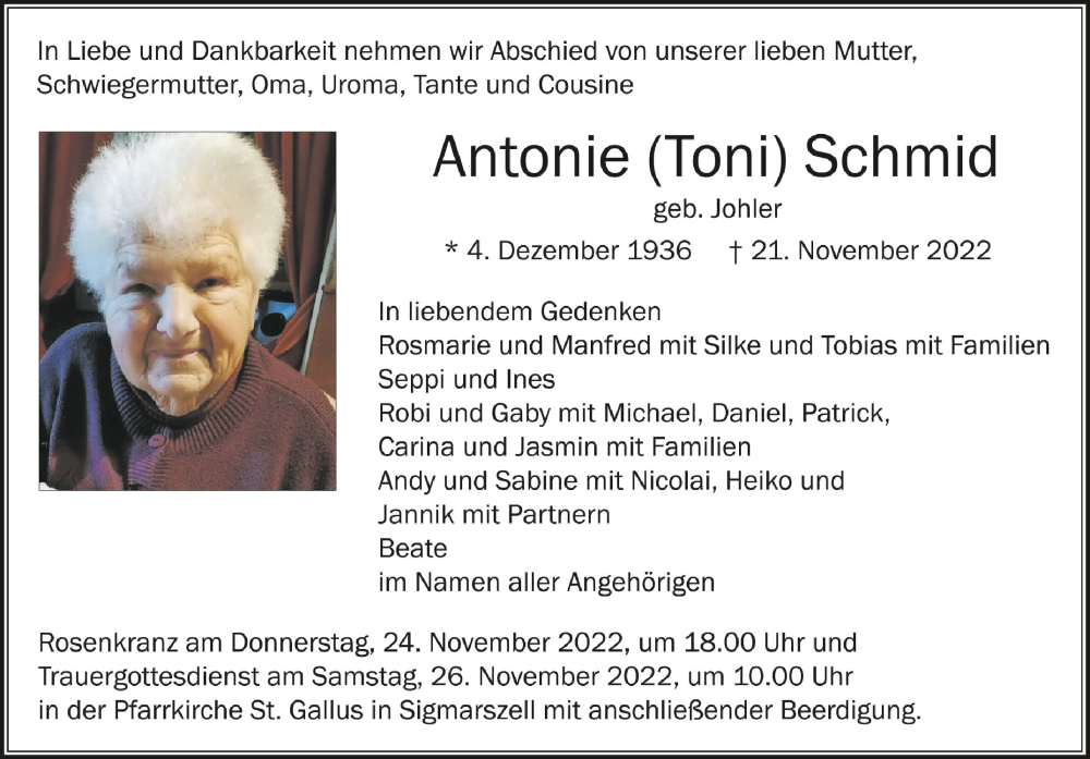  Traueranzeige für Antonie Schmid vom 23.11.2022 aus Schwäbische Zeitung