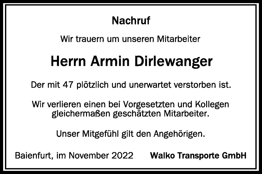  Traueranzeige für Armin Dirlewanger vom 29.11.2022 aus Schwäbische Zeitung