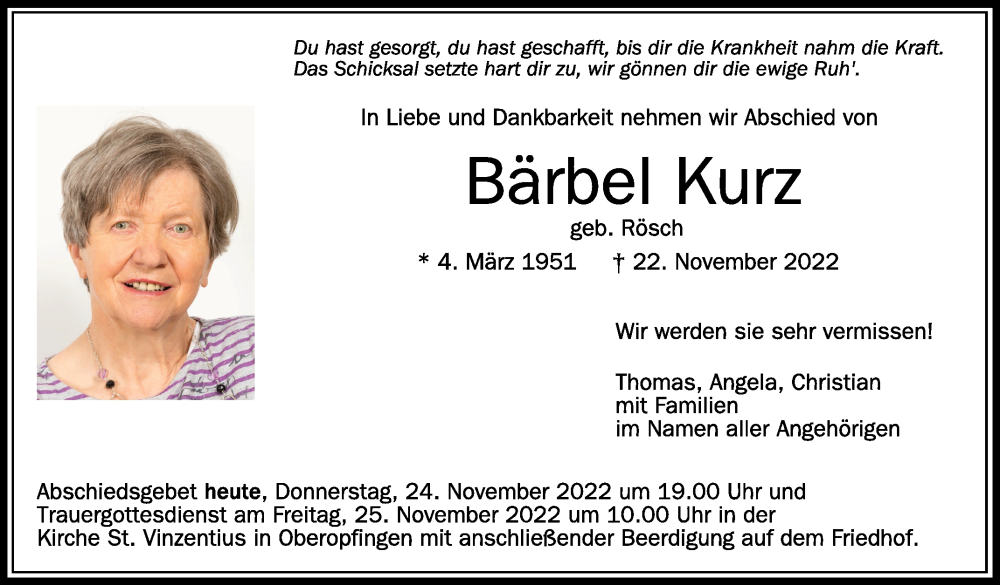  Traueranzeige für Bärbel Kurz vom 24.11.2022 aus Schwäbische Zeitung