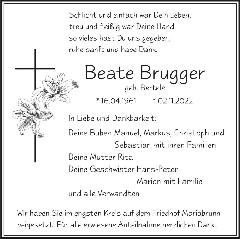  Traueranzeige für Beate Brugger vom 25.11.2022 aus Schwäbische Zeitung