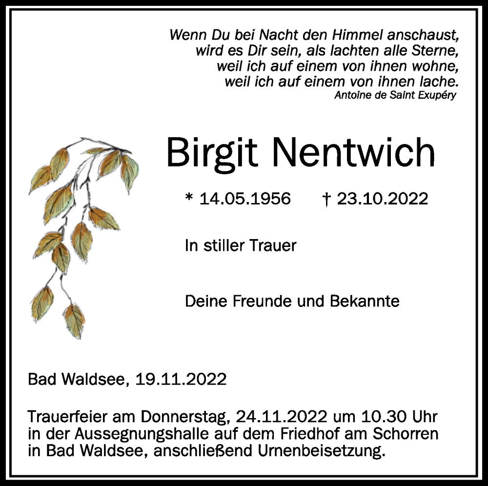  Traueranzeige für Birgit Nentwich vom 19.11.2022 aus Schwäbische Zeitung