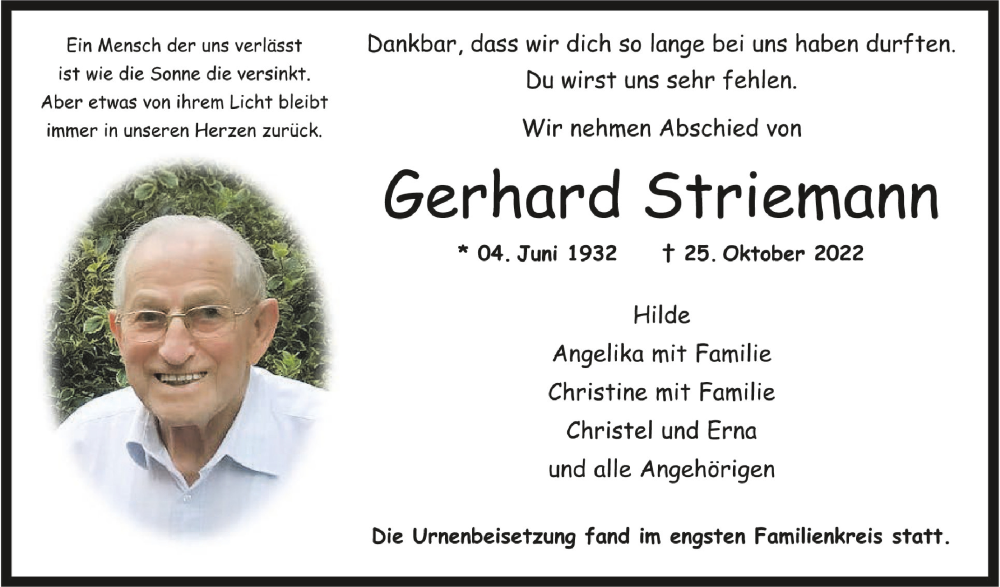  Traueranzeige für Gerhard Striemann vom 26.11.2022 aus Schwäbische Zeitung