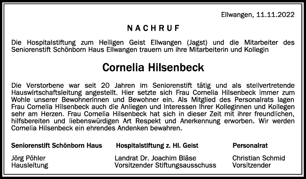  Traueranzeige für Cornelia Hilsenbeck vom 11.11.2022 aus Schwäbische Zeitung