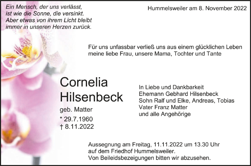  Traueranzeige für Cornelia Hilsenbeck vom 10.11.2022 aus Schwäbische Zeitung