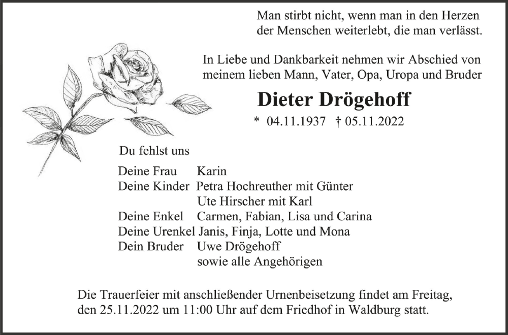  Traueranzeige für Dieter Drögehoff vom 22.11.2022 aus Schwäbische Zeitung