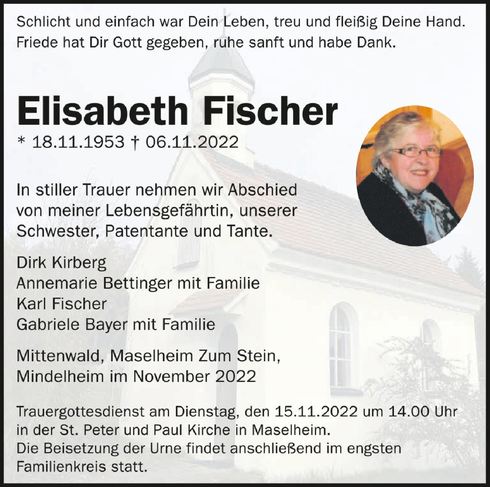  Traueranzeige für Elisabeth Fischer vom 12.11.2022 aus Schwäbische Zeitung