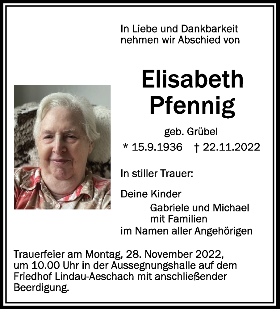  Traueranzeige für Elisabeth Pfennig vom 25.11.2022 aus Schwäbische Zeitung