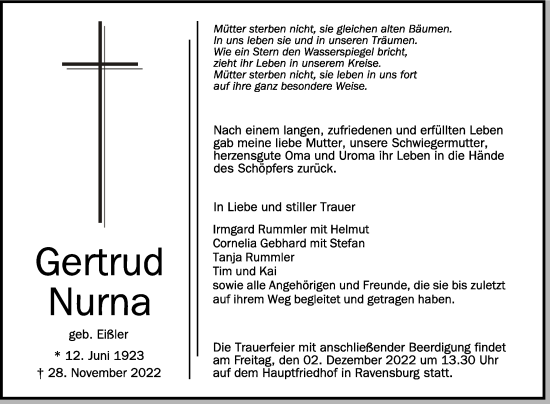 Anzeige von Gertrud Nurna von Schwäbische Zeitung