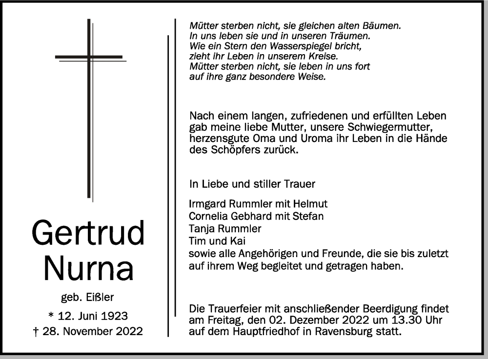  Traueranzeige für Gertrud Nurna vom 30.11.2022 aus Schwäbische Zeitung
