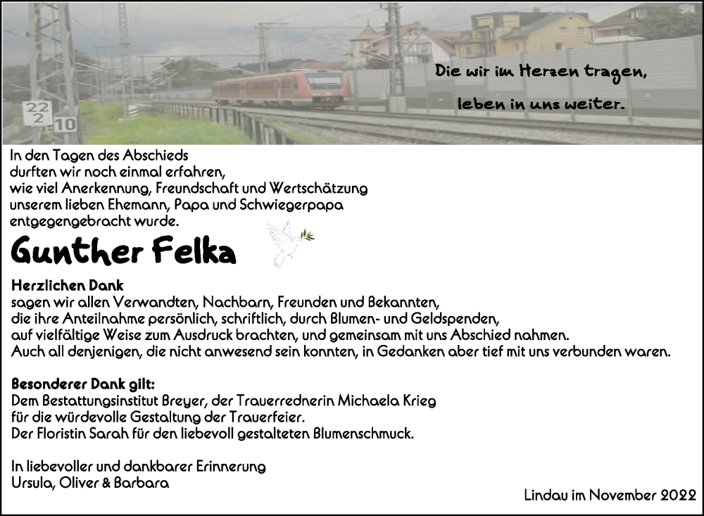  Traueranzeige für Gunther Felka vom 09.11.2022 aus Schwäbische Zeitung