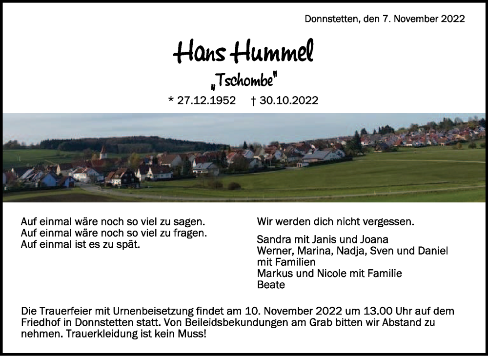  Traueranzeige für Hans Hummel vom 07.11.2022 aus Schwäbische Zeitung