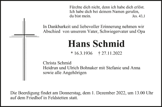 Anzeige von Hans Schmid von Schwäbische Zeitung