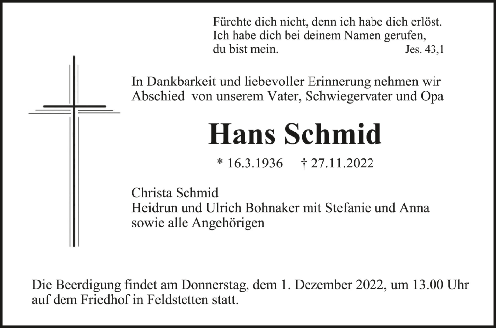 Traueranzeige für Hans Schmid vom 29.11.2022 aus Schwäbische Zeitung