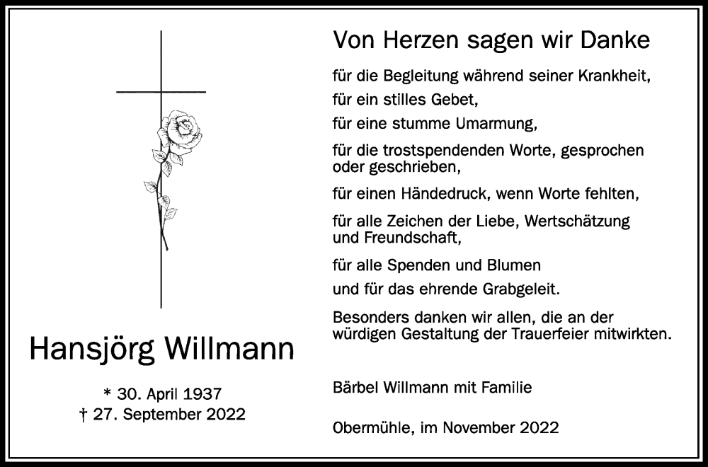  Traueranzeige für Hansjörg Willmann vom 02.11.2022 aus Schwäbische Zeitung