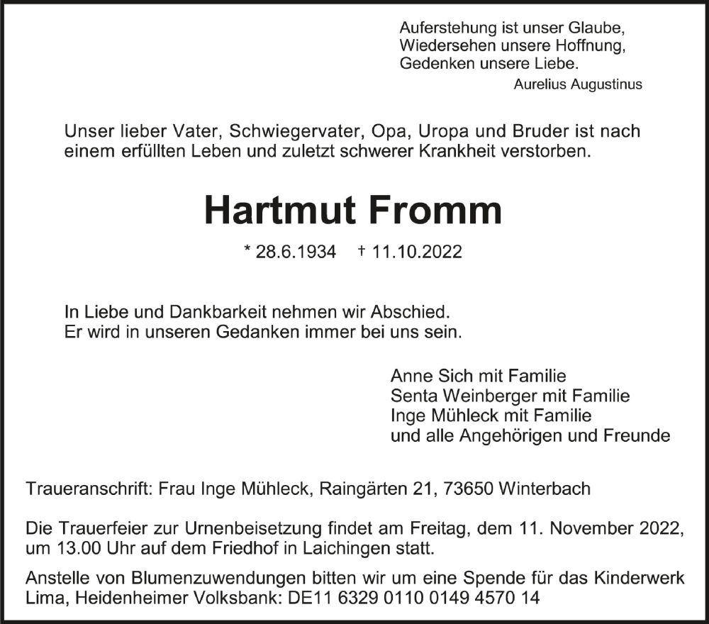  Traueranzeige für Hartmut Fromm vom 05.11.2022 aus Schwäbische Zeitung